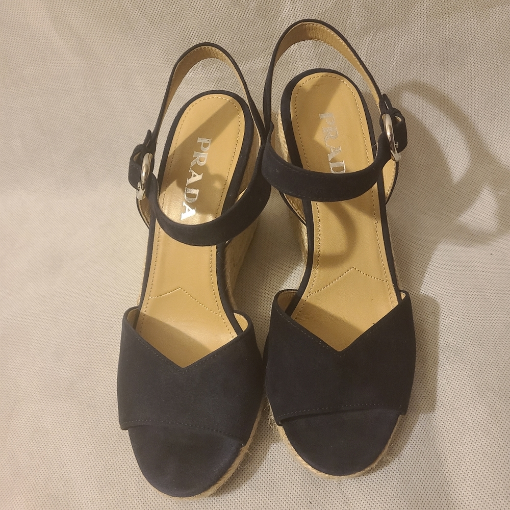Prada Women's Suede Espadrille Wedge Sandals in Blue Suede - Picture 2 of 8